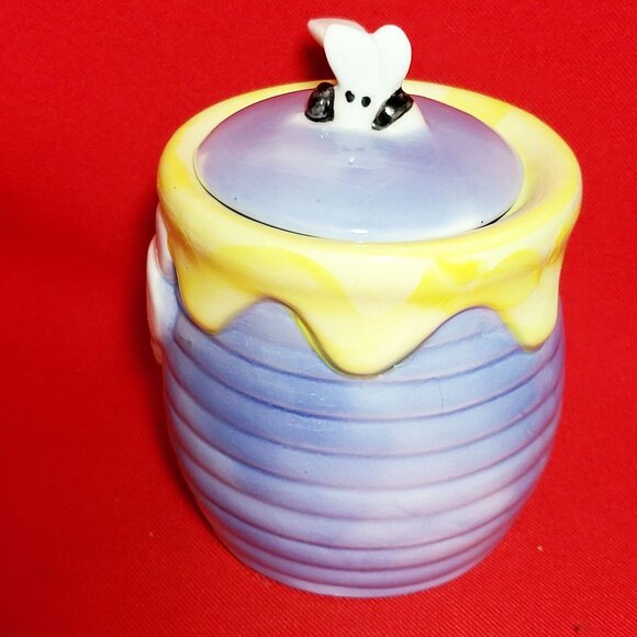 Honey Bee Honey Jar Porcelain Serving Spoon Blue Yellow Painted Ceramic - Picture 3 of 13